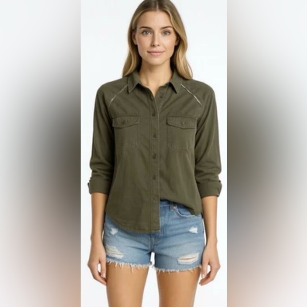 Free‎ People Off-Campus Metallic-Trim Utility Shirt Boho Chic Khaki Green XS